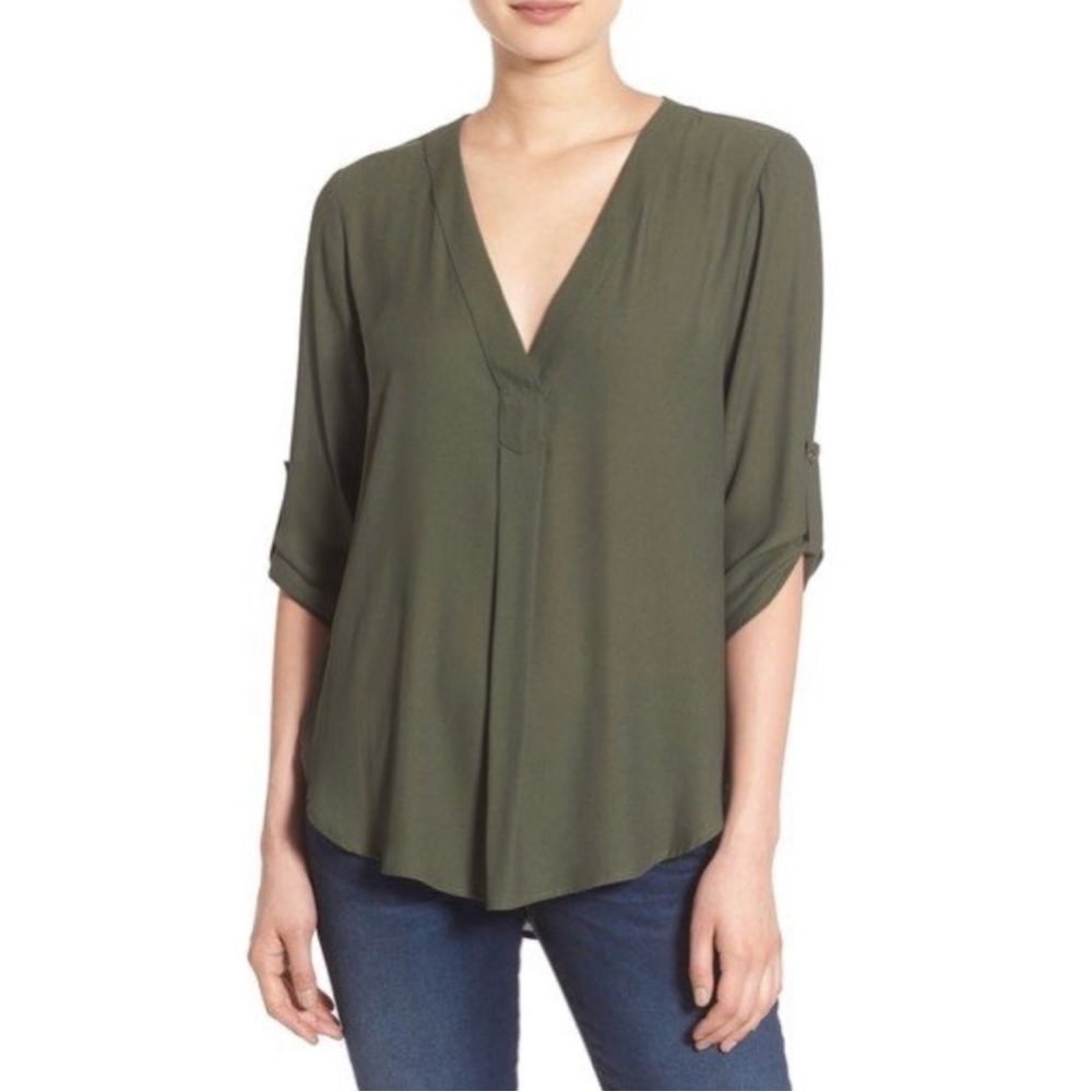 LUSH V-Neck Blouse with Roll Up Sleeves